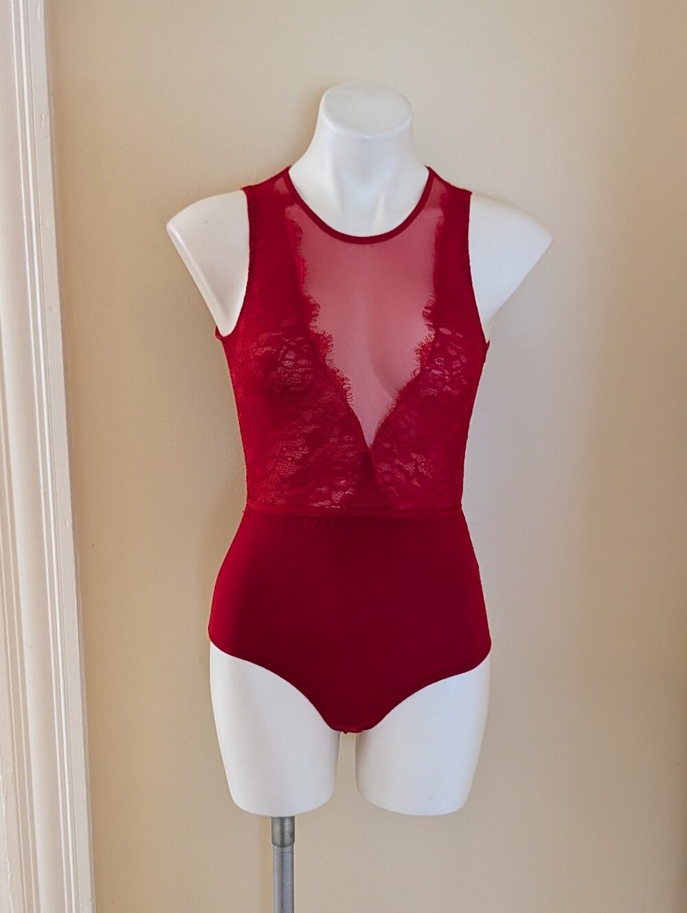 Tahari red bodysuit with lace and sheer panels size S